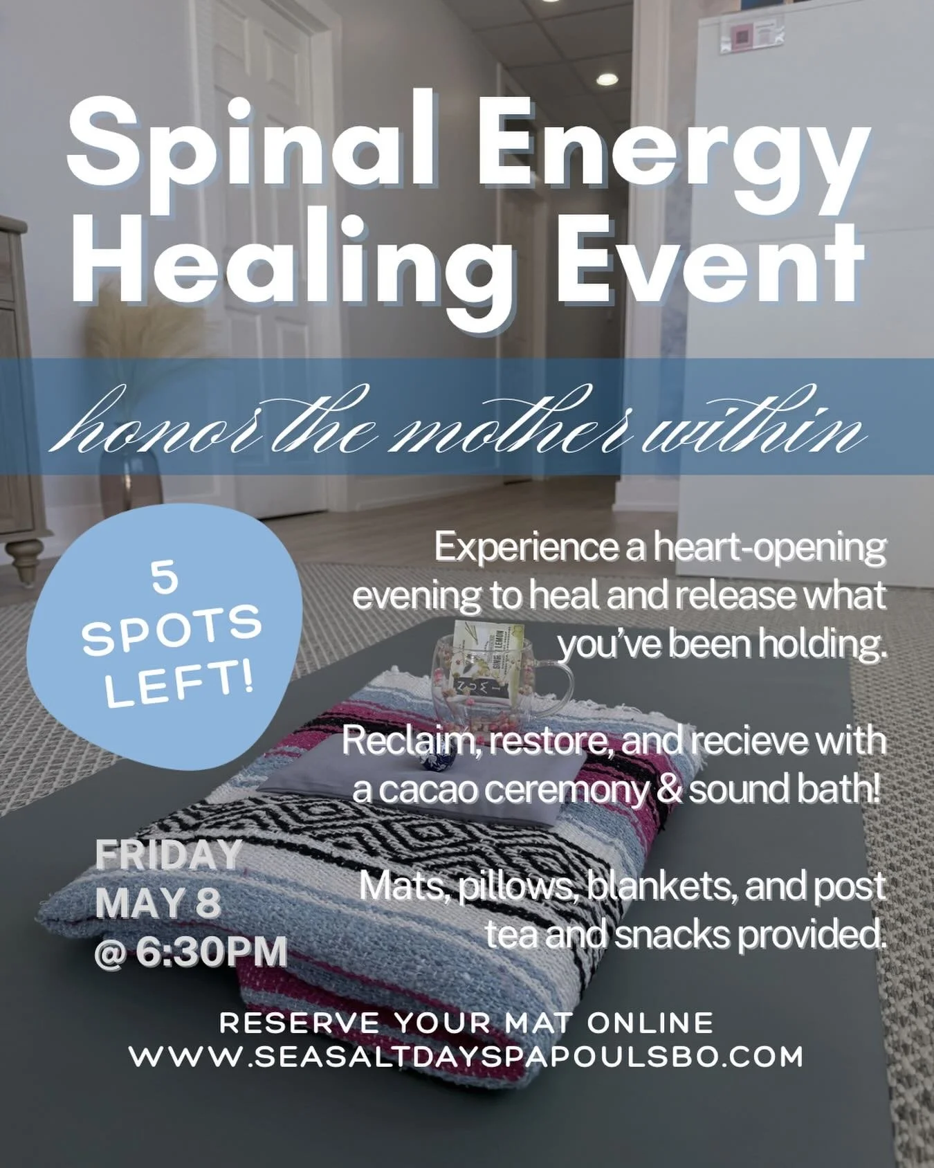 Experience collective healing with our next spinal energetics session on May 8th! 

Spinal energetics helps clear energetic blocks, manage stress, relieve pain, and promote a greater sense of peace and physical vitality.

Induce deep relaxation, redu