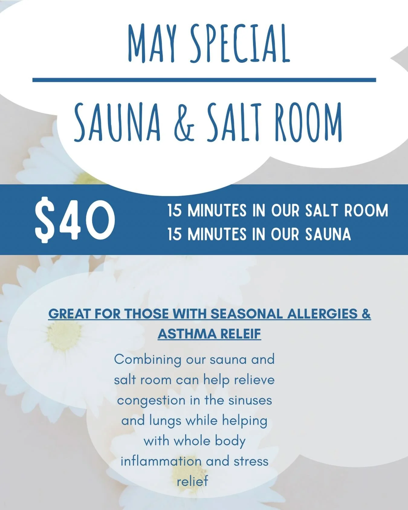 MAY SPECIAL 

Who&rsquo;s noticing all the pollen dusting the skies, our cars and homes? 

Our May special of $40 for 15min Halotherapy Salt Lounge and 15min Broad Specturm Infrared Sauna combination is perfect for anyone- but it&rsquo;s especially g