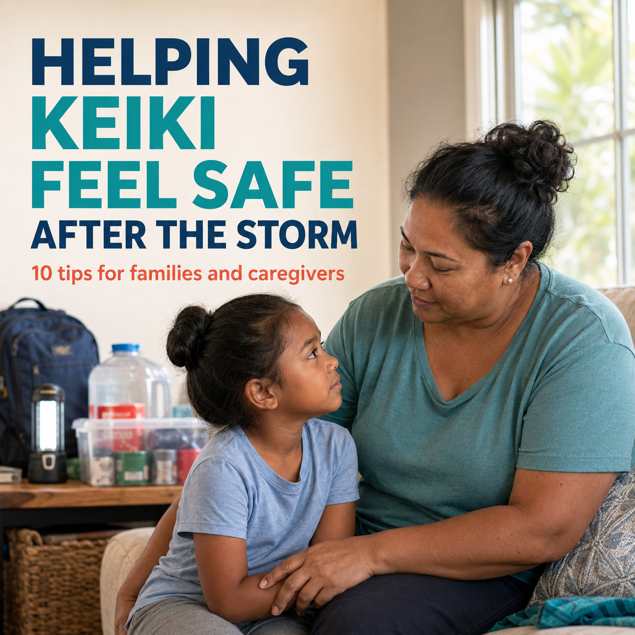 Polynesian woman with child  with storm supplies