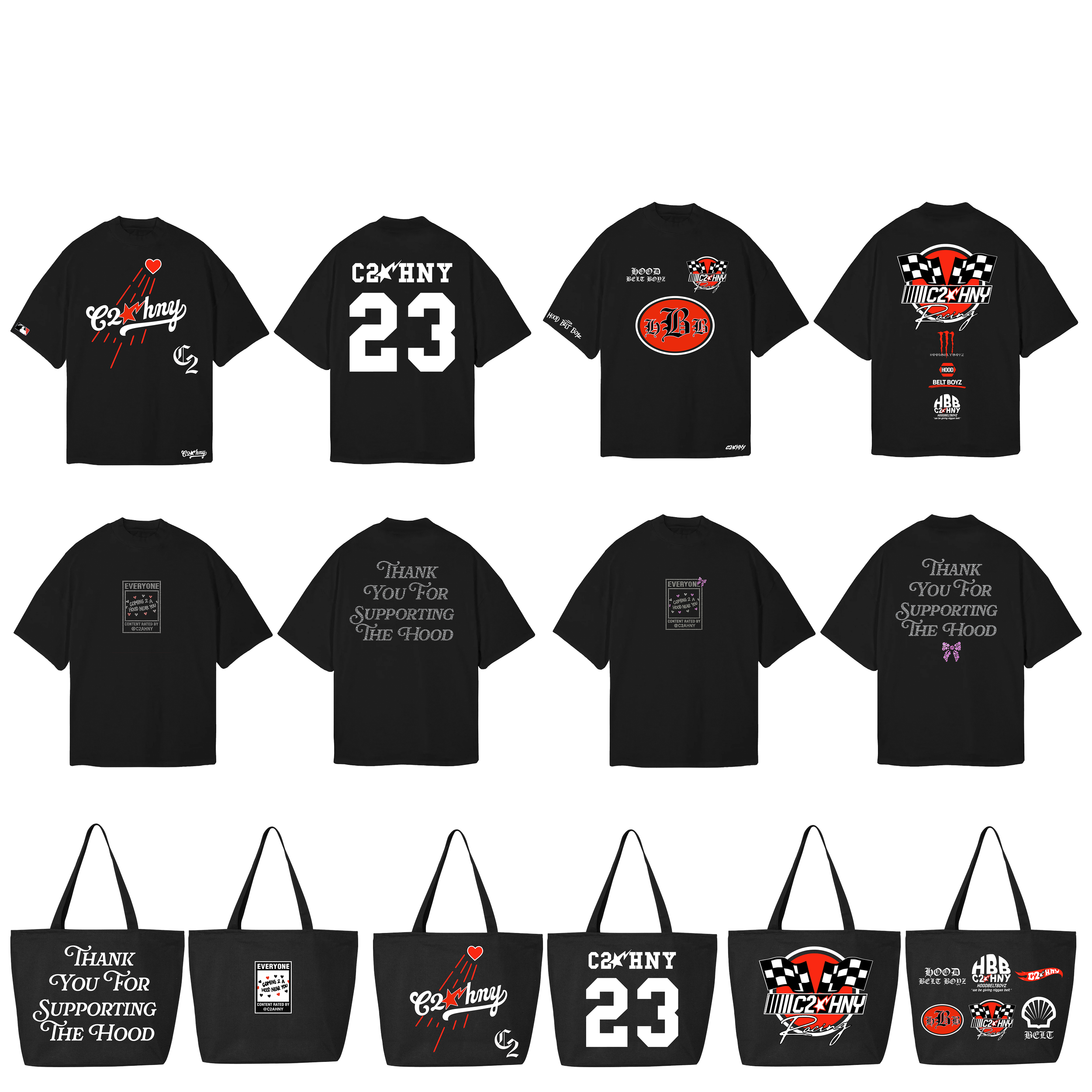 Collection of black clothing and accessories featuring logos and graphics related to C2HNY, Hood, and racing themes, including t-shirts, tote bags, and hats.