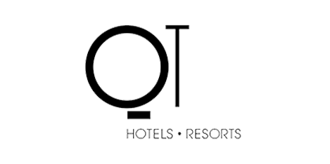 Logo for QT Hotels & Resorts with a stylized 'QT' and a square outline, and text below reading 'Hotels & Resorts'.