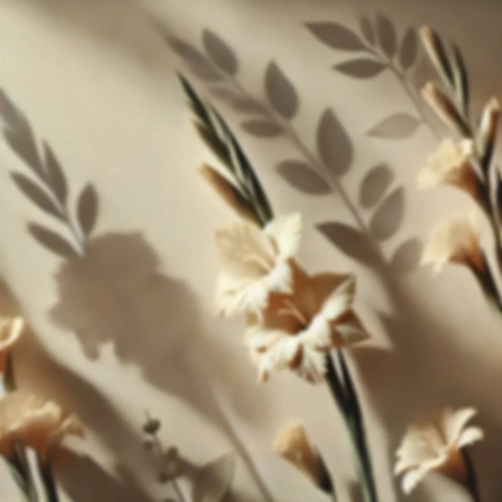 Close-up of a floral-patterned fabric with beige, brown, and black flowers and leaves, along with squares and geometric shapes, casting shadows.
