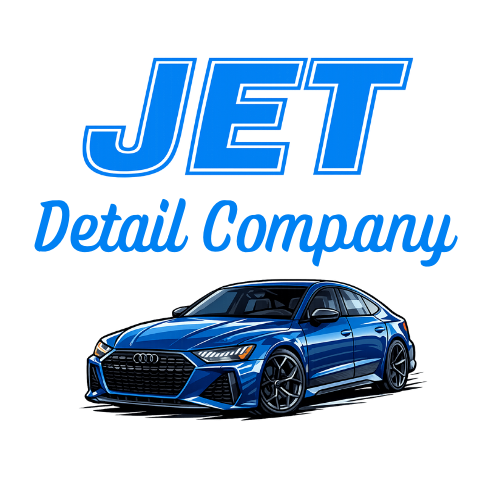 Blue sports car with a large illuminated JET sign and text that reads "Jet New Motor" in a stylized logo.