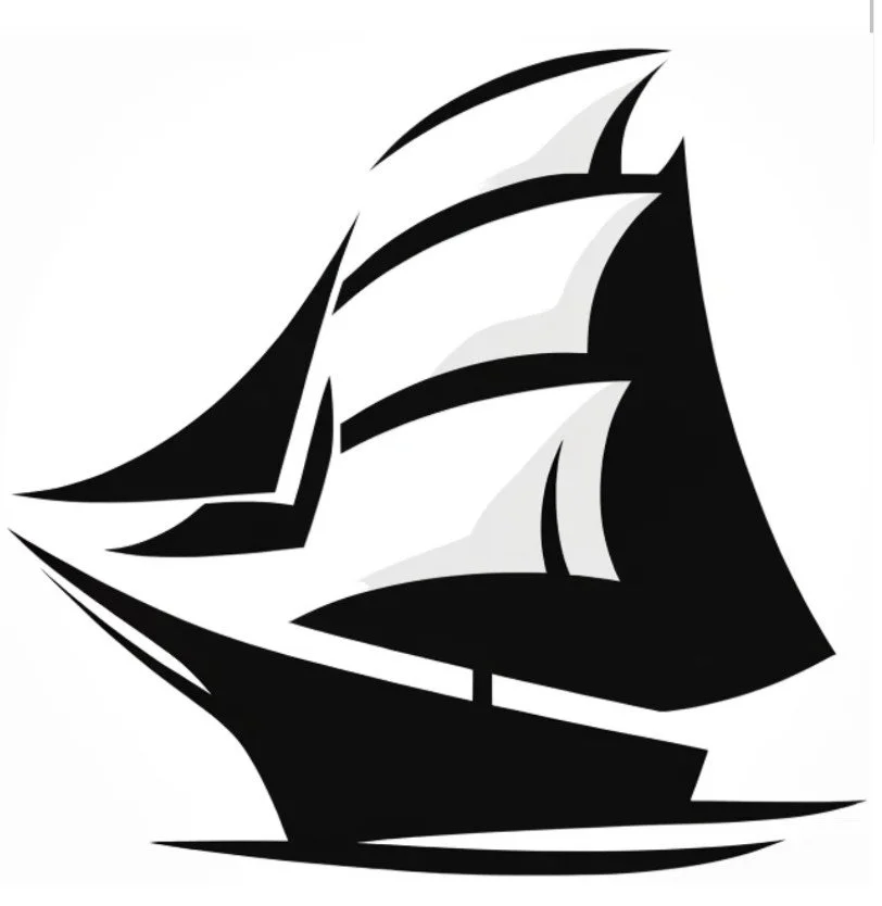 Silhouette of a sailing ship with three sails.
