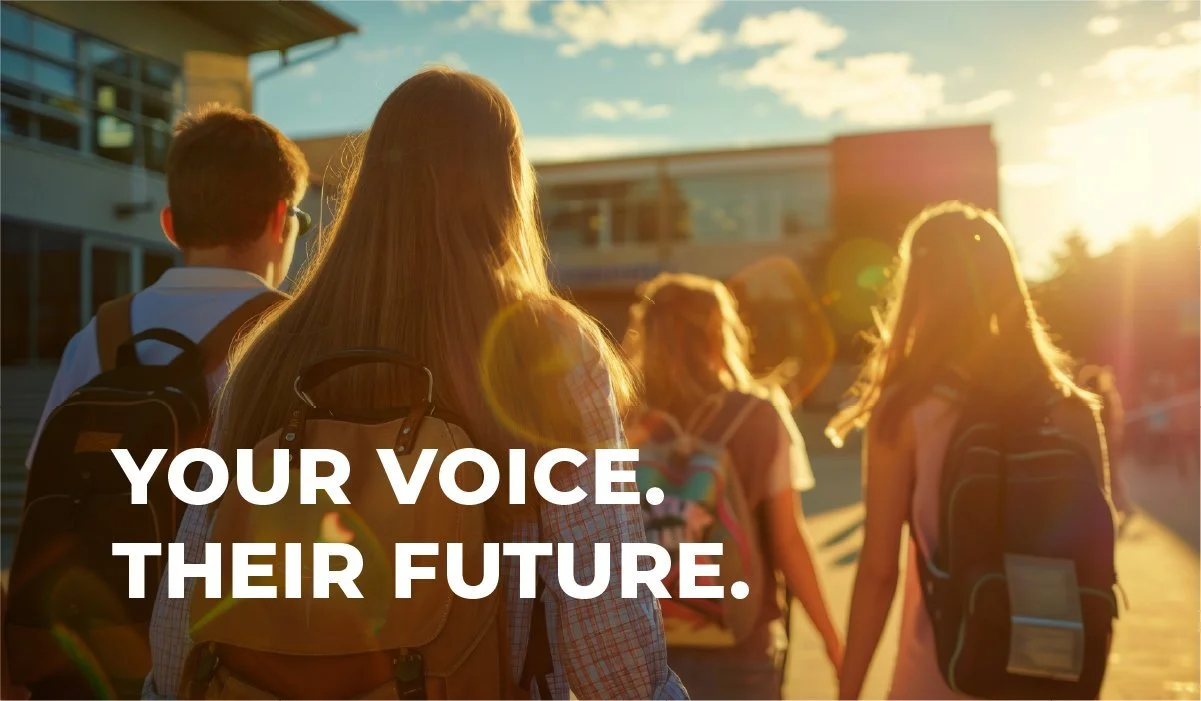 Students walking toward school at sunrise with the words: Your Voice. Their Future.