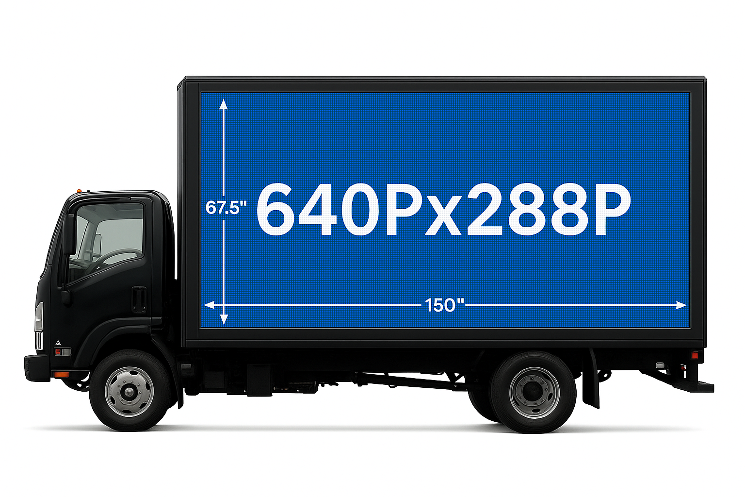 Electric delivery truck with a large digital display showing image resolution and dimensions.