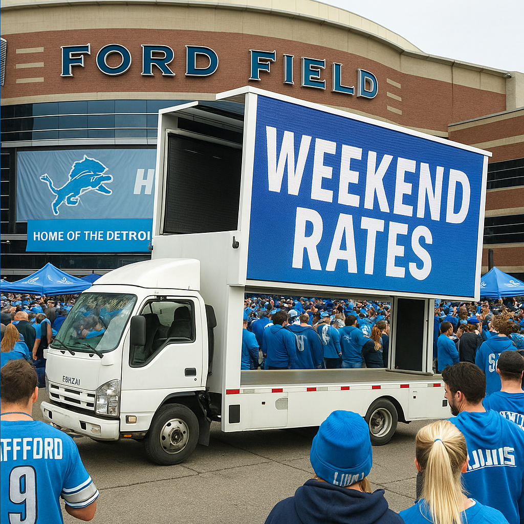 A mobile billboard outside Ford Field advertising weekend rates, surrounded by a large crowd of fans wearing Detroit Lions apparel.