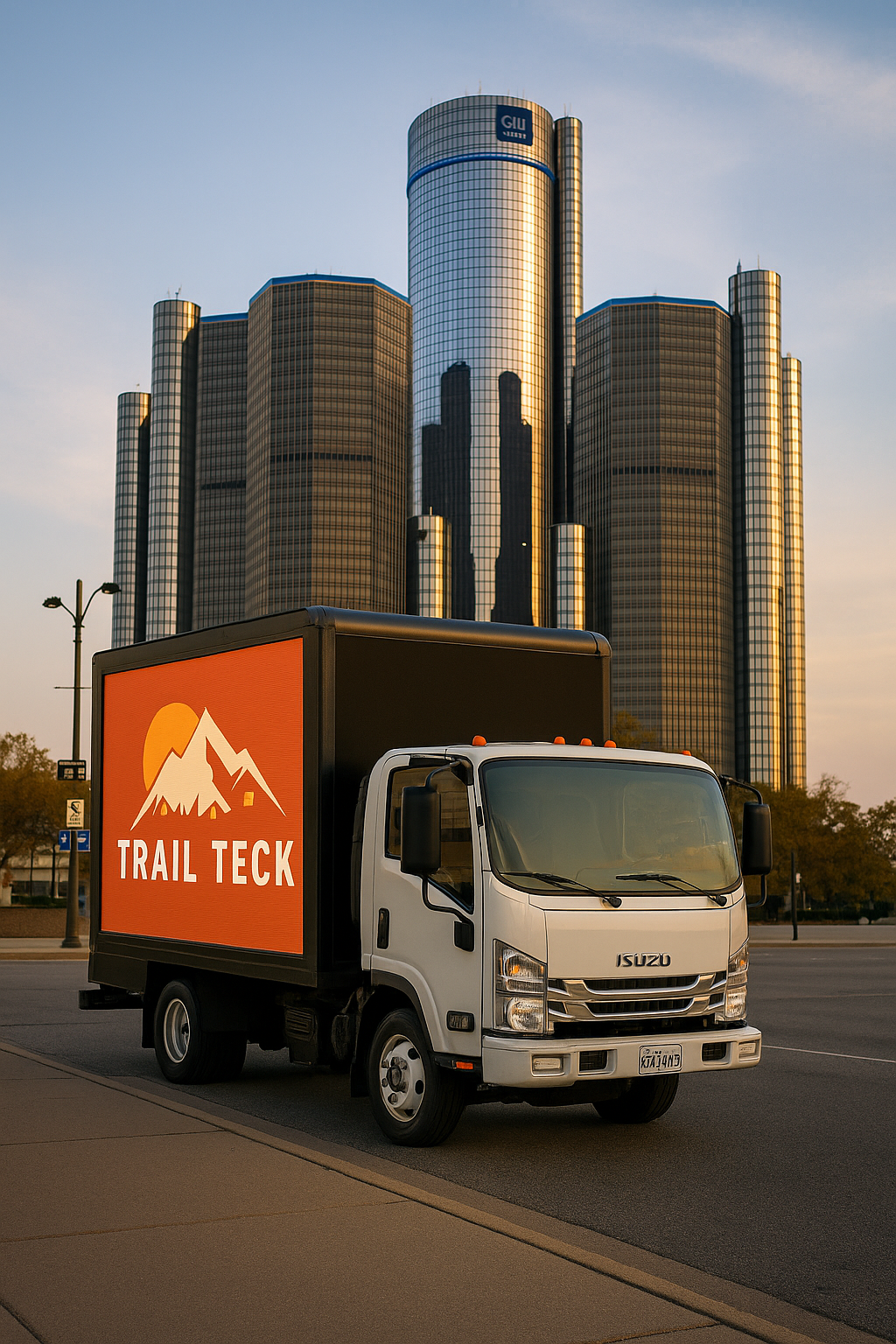 A white Isuzu delivery truck with a black cargo section displaying a "Trail Tech" mountain logo parked on city street with tall modern office building reflecting the sky in the background.