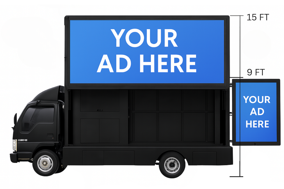 Black mobile billboard truck with two digital screens displaying blue backgrounds and placeholder text 'YOUR AD HERE', measuring 15 feet high and 9 feet wide.