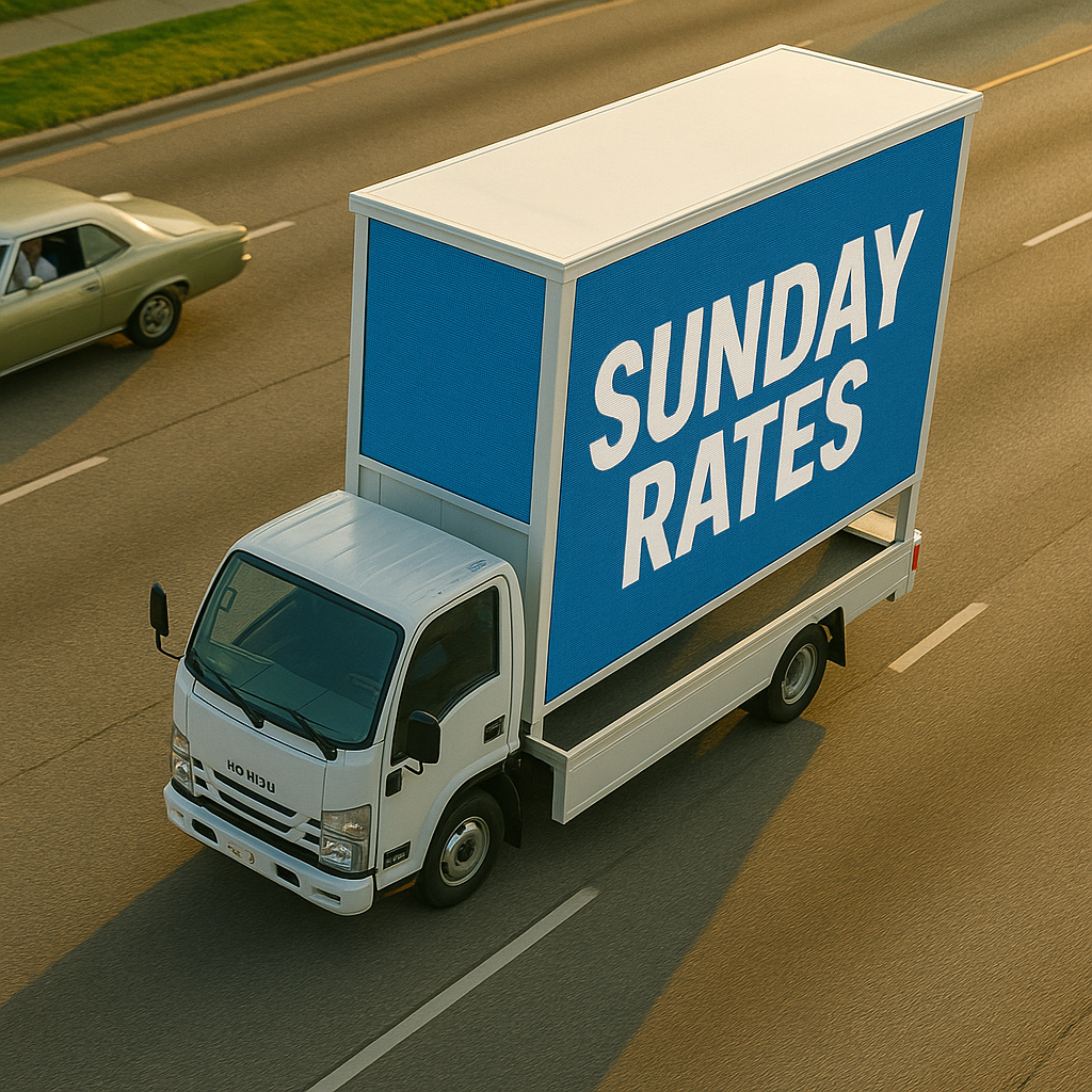 A truck driving on a highway with a blue sign on top that says 'SUNDAY RATES'