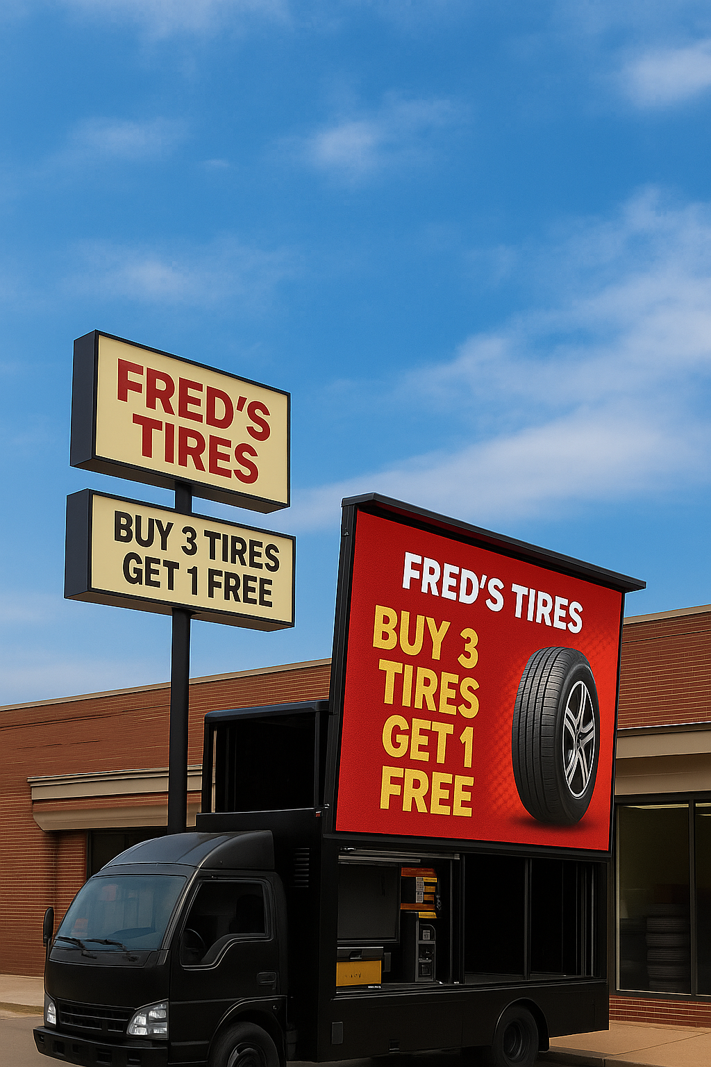 A mobile billboard truck advertising Fred's Tires with a sign on top and an electronic screen displaying a buy three, get one free tire promotion, set against a blue sky.