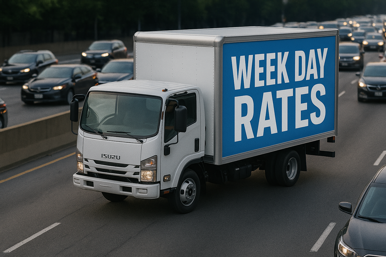 A white Isuzu delivery truck with a blue sign on its side reading "WEEK DAY RATES" drives in traffic on a highway filled with other cars.