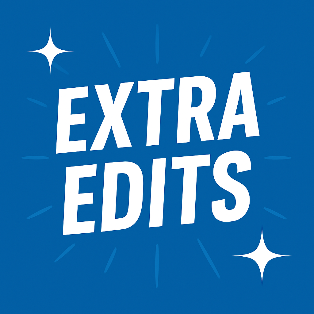 Blue background with white text saying 'Extra Edits' and star-like sparkles