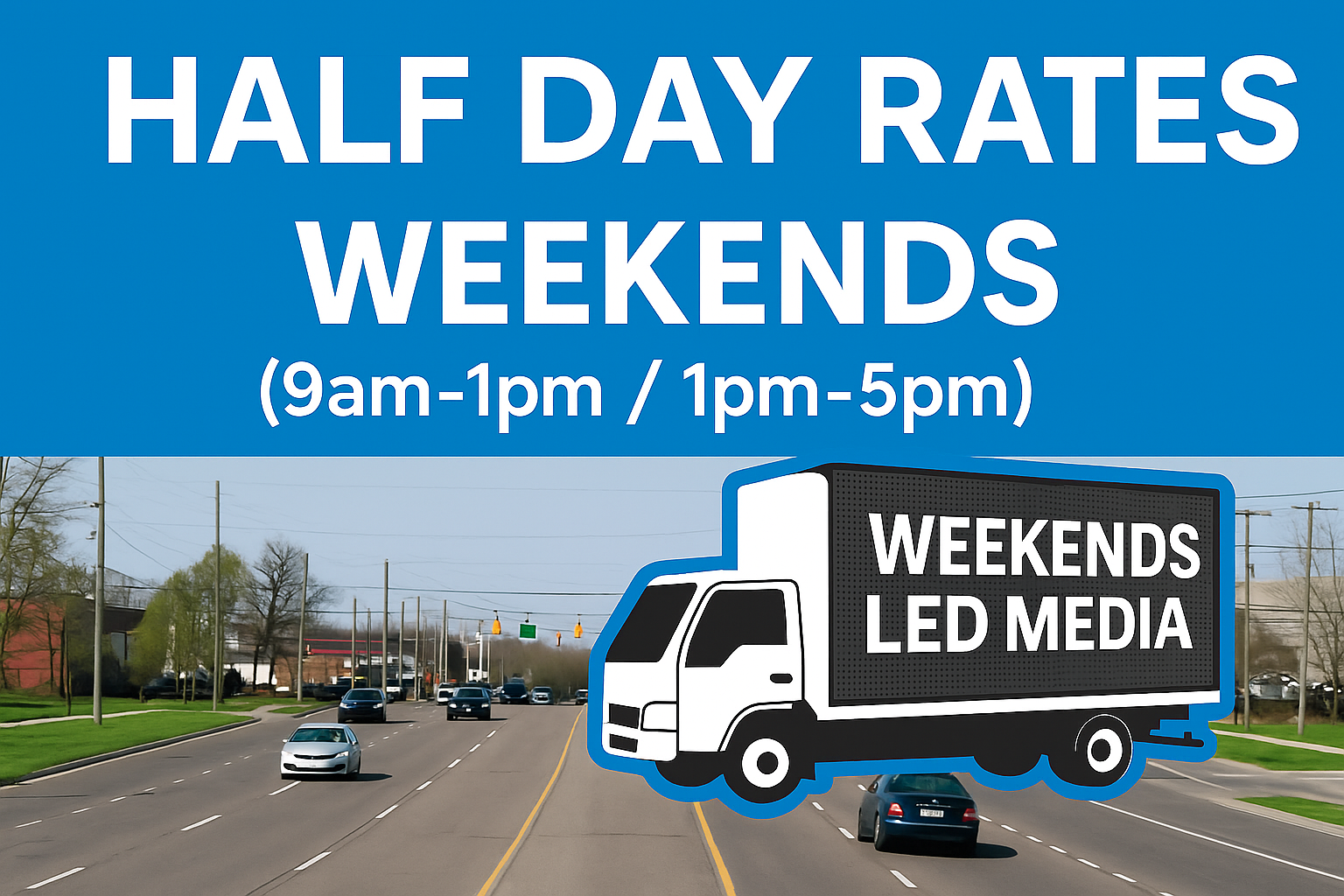 Sign advertising half-day rates for weekends with specific hours, and a truck graphic with the text 'Weekends LED Media'.