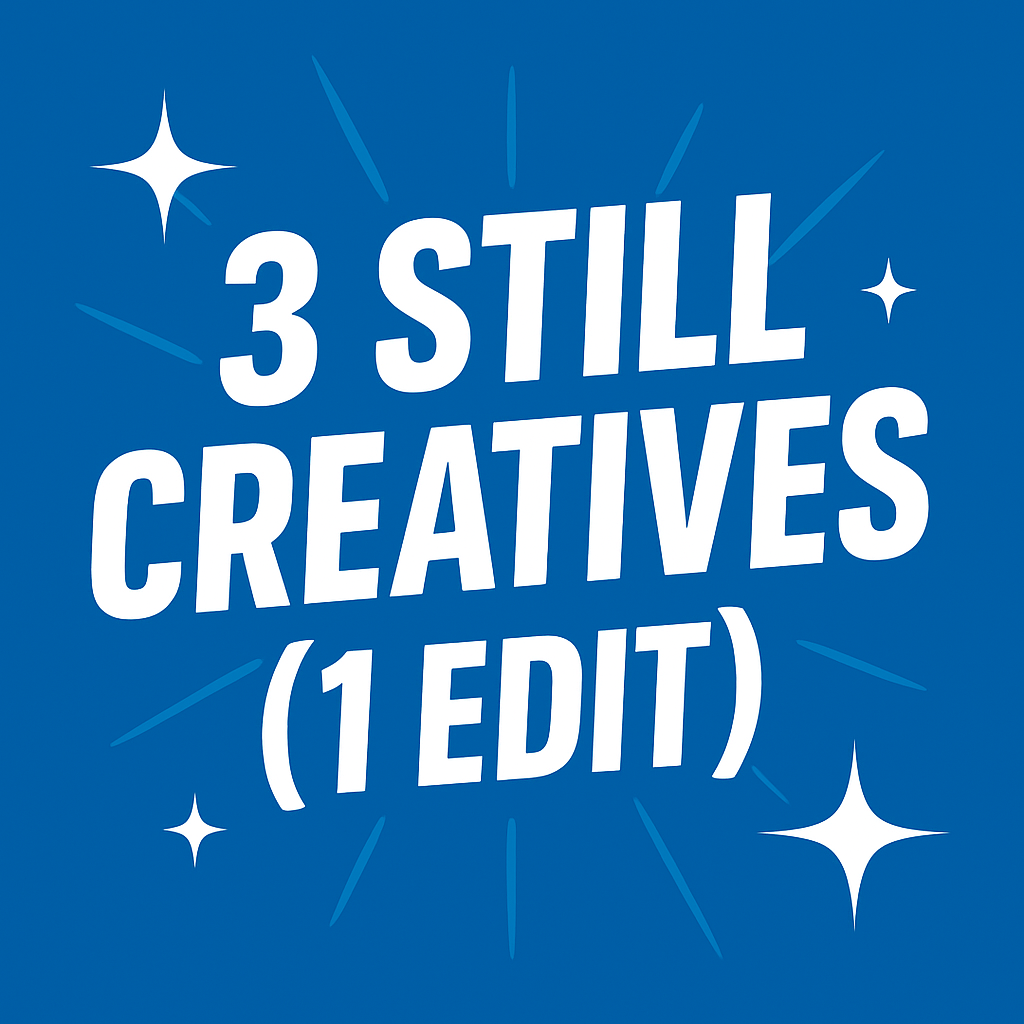 Blue background with white text reading '3 Still Creatives (1 Edit)' and decorative starburst elements.