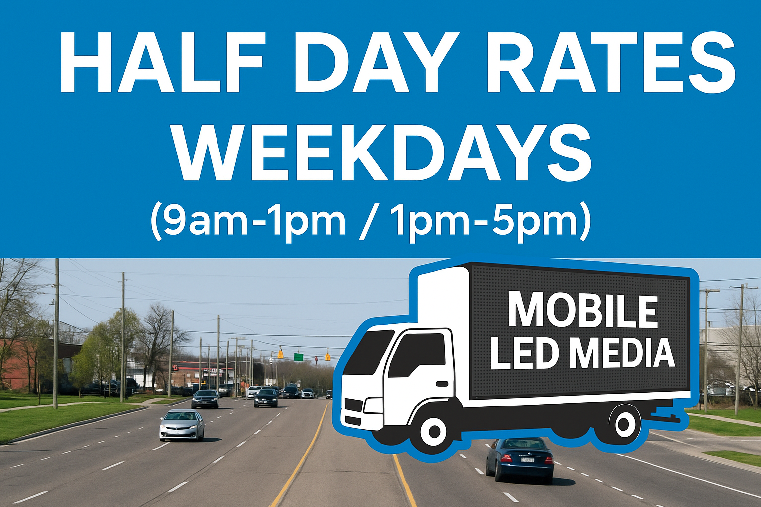 Sign advertising half-day rates for mobile LED media on weekdays, with hours from 9 am to 1 pm and 1 pm to 5 pm, over a background of a street scene with cars and power lines.
