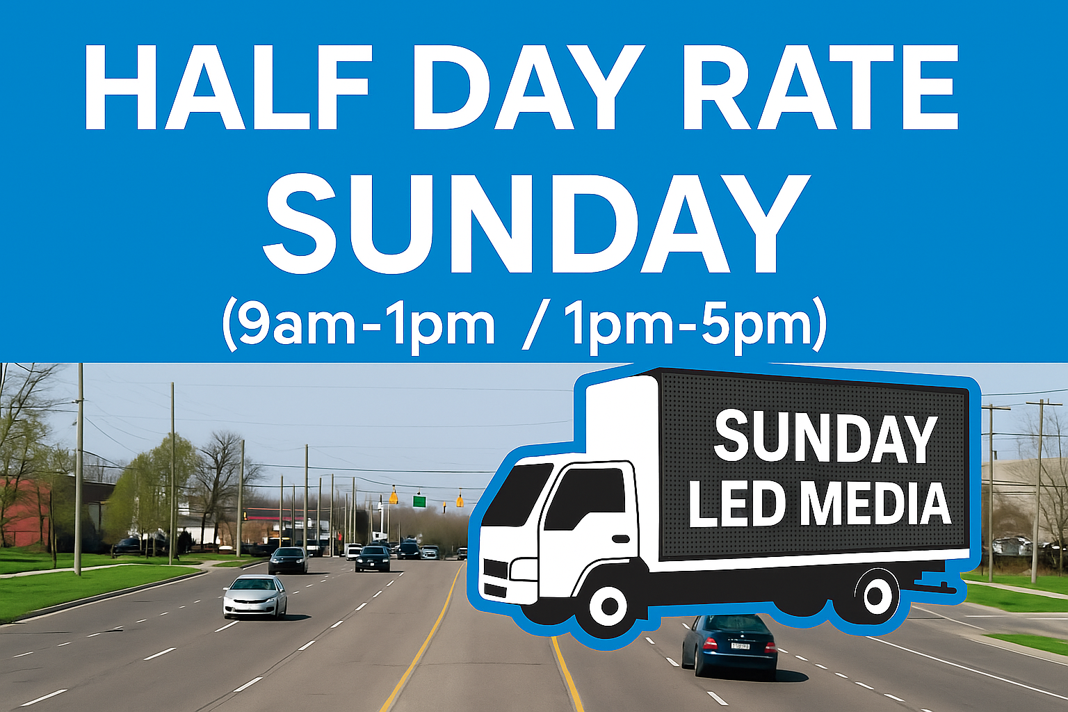 Blue sign advertising schedule for Sunday, half day rate, with an illustration of a media truck reading 'Sunday LED Media' on a busy road.