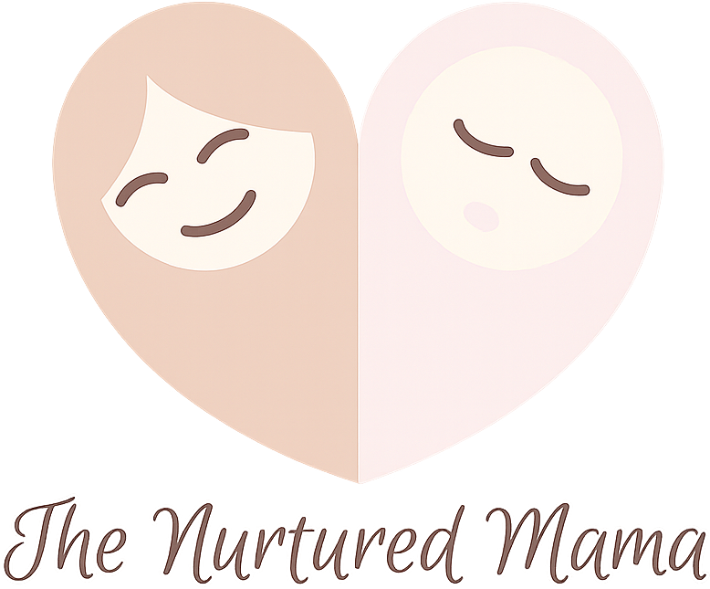 A heart-shaped paper craft with smiling and sleeping faces, with the text "The Nurtured Mama" underneath.