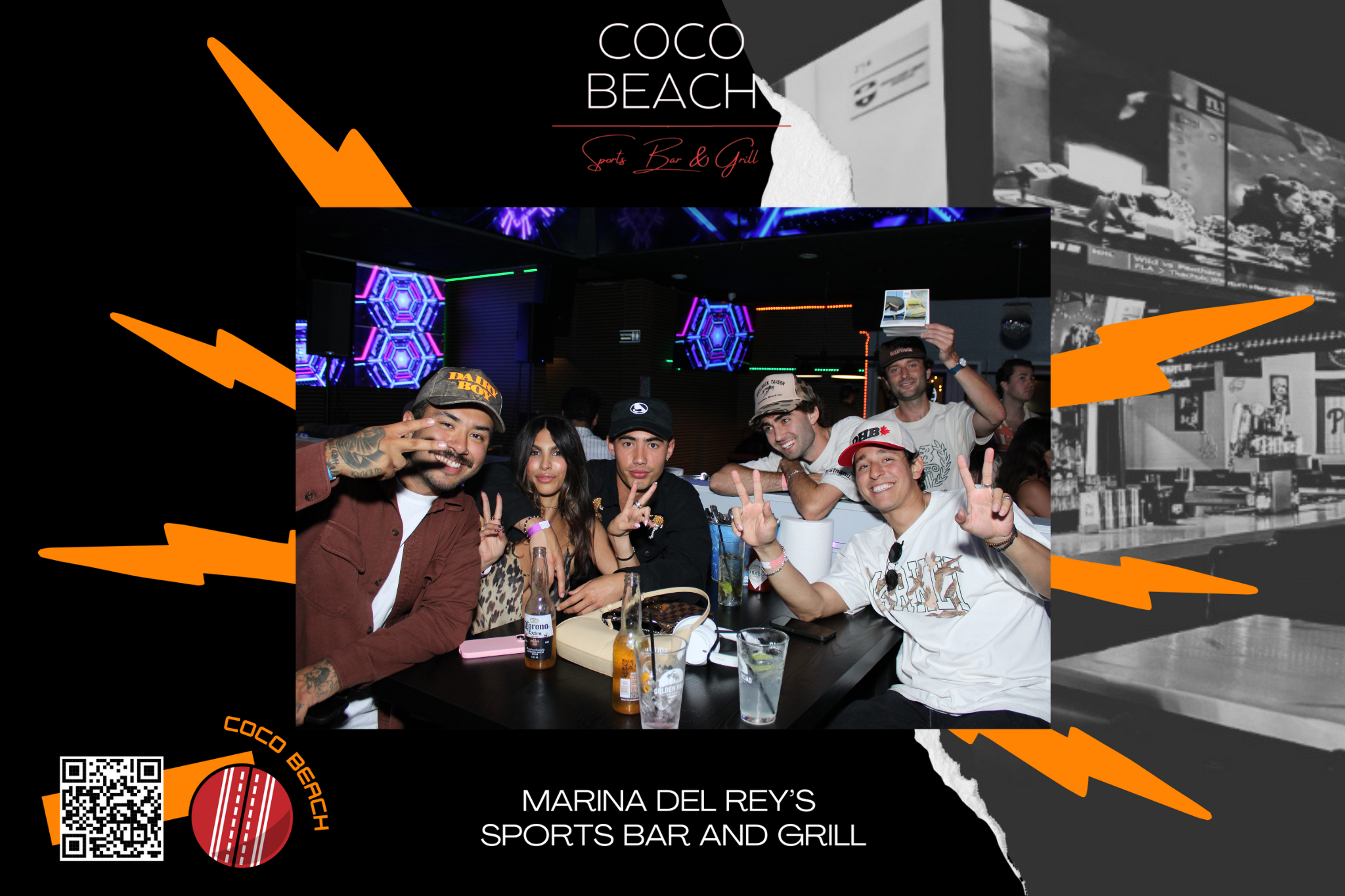 Group of six people sitting at a table in a busy nightclub or bar, smiling and making peace signs, surrounded by drinks and colorful neon lights, with a black and white background collage of pictures and a logo for Coco Beach Sports Bar and Grill.