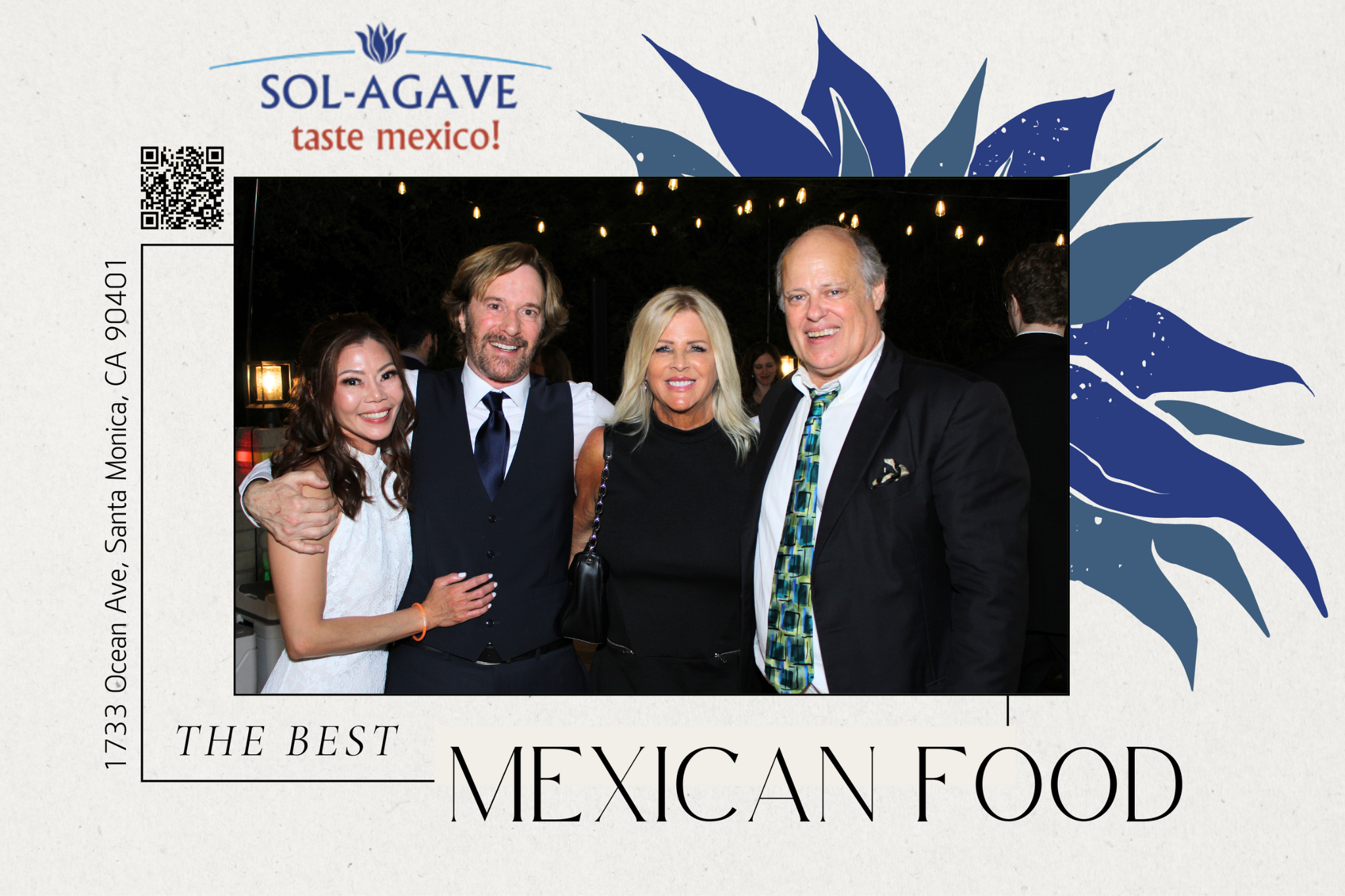 People smiling at a celebratory event amidst string lights. The image is part of a graphic with the words "Sol-Agave taste Mexico!" at the top and "The Best Mexican Food" at the bottom, with decorative agave plant illustrations.