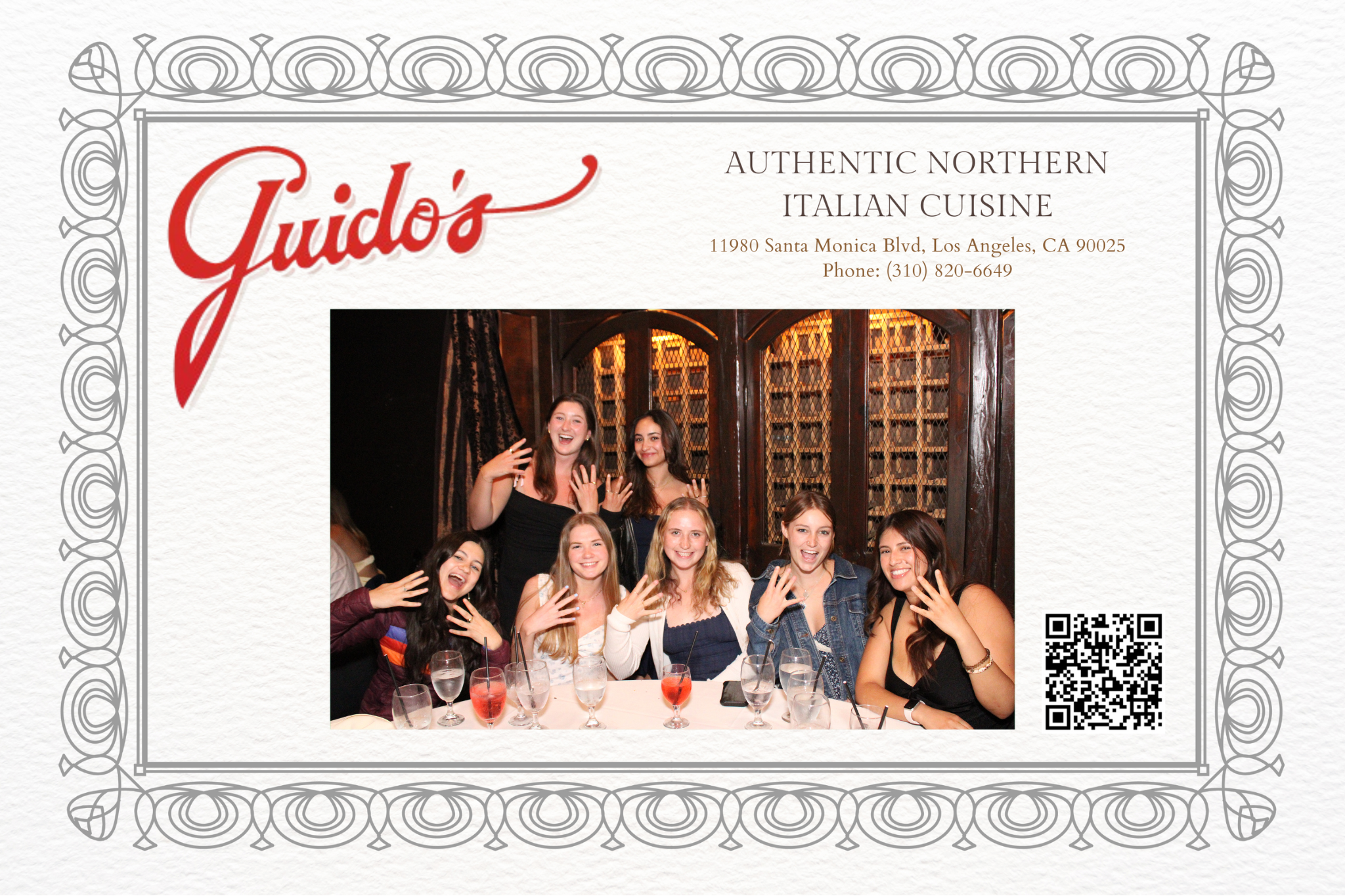 Photograph of seven young women smiling and showing their hands with rings in a restaurant with a wine cork wall. The photo is on a digital frame or menu template with the restaurant's name Guido's, address, and phone number, and includes a QR code.