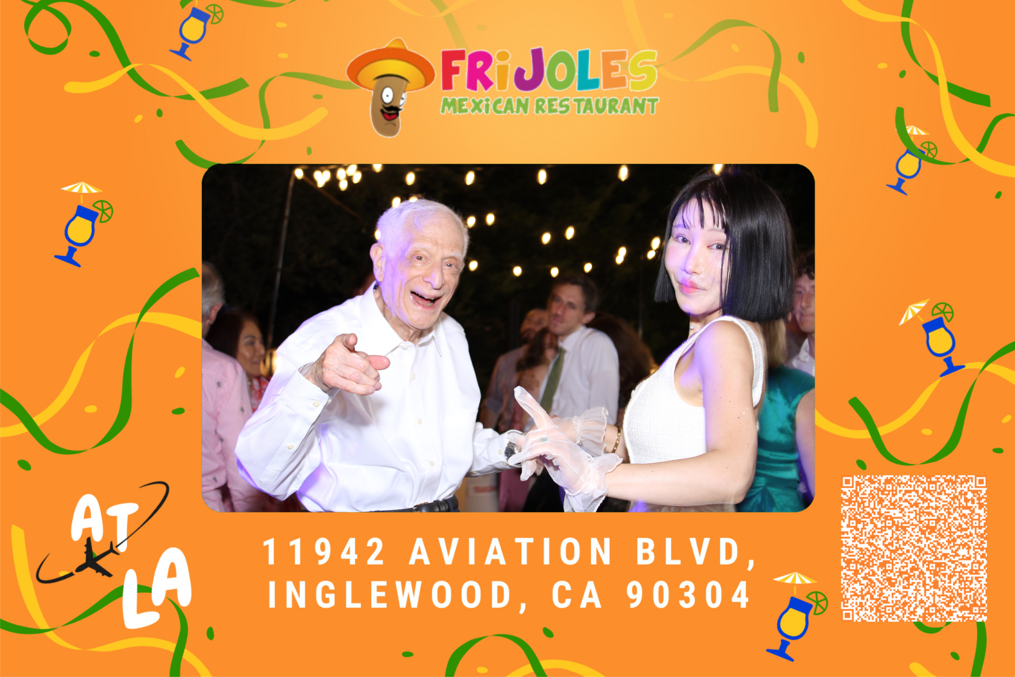 People dancing at a party with string lights hanging above, framed by a festive orange border with colorful streamers and drink icons, and text with a restaurant address and a QR code.
