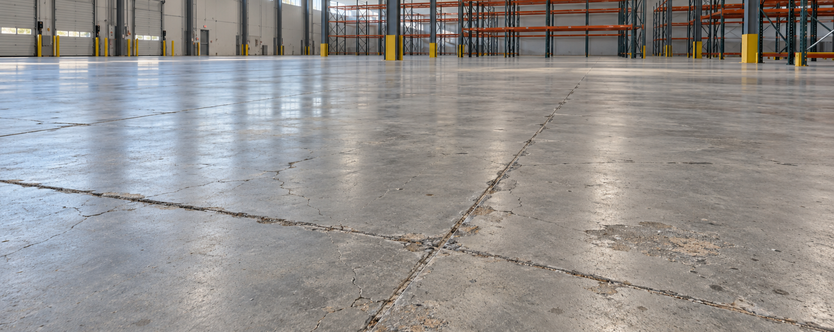 Cracked and worn commercial concrete warehouse floor being assessed for repair in Orange County, California