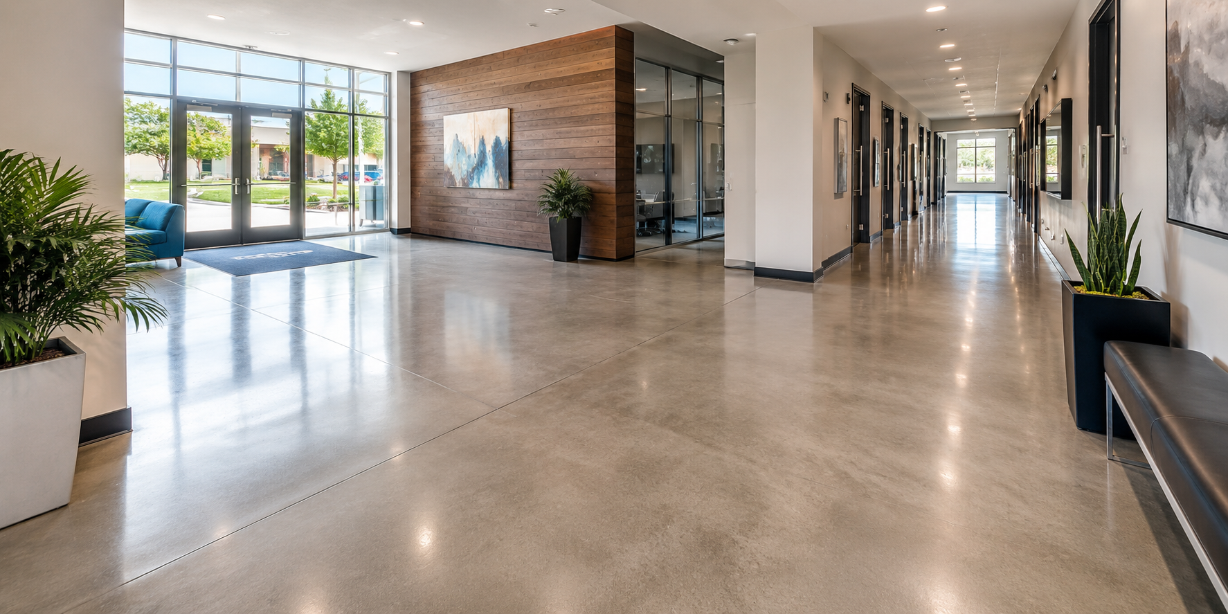 Polished concrete lobby and shared corridor in a well-maintained Orange County multi-tenant commercial building
