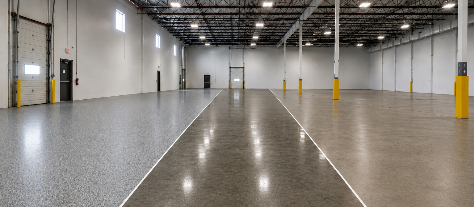 Comparison of three commercial flooring solutions for warehouses: epoxy coating,  polished concrete, and grind and seal on a professional facility floor in Orange County.