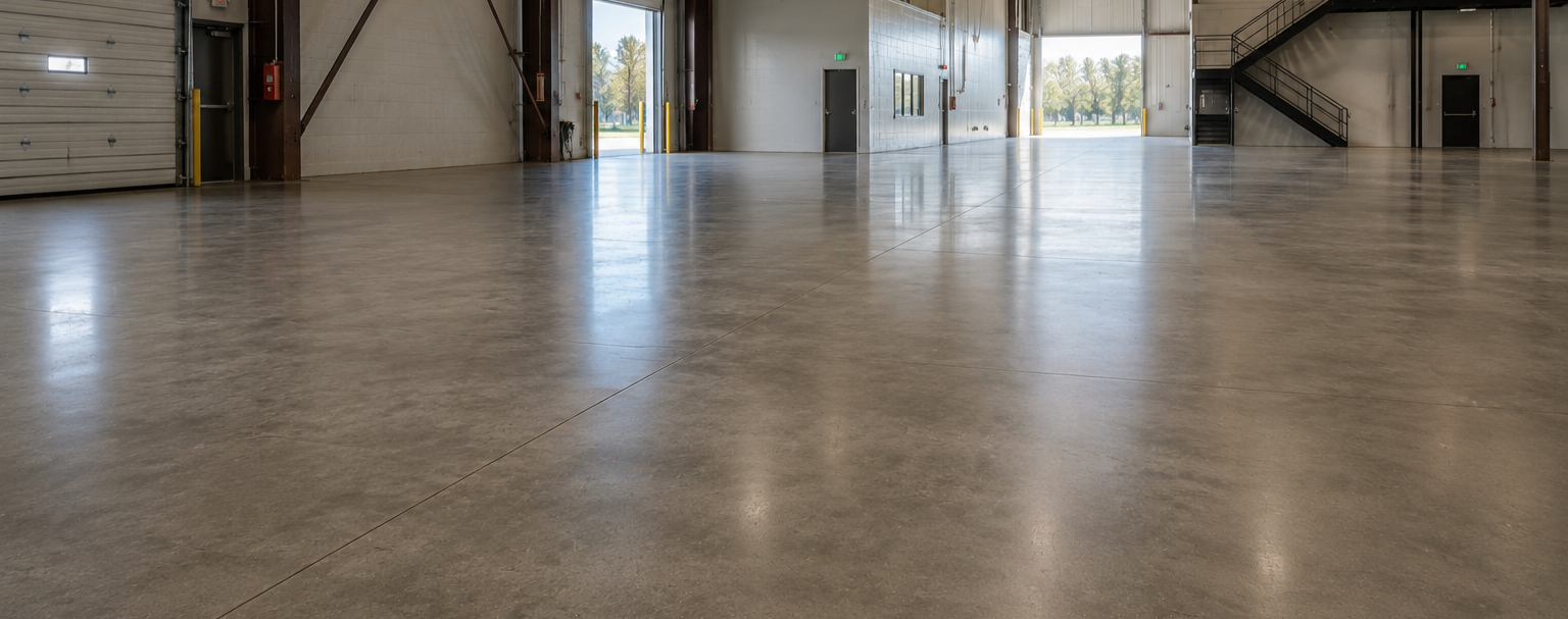 Large warehouse facility with cost-effective sealed concrete flooring showing professional grind and seal installation in spacious industrial environment with minimal downtime operational approach.