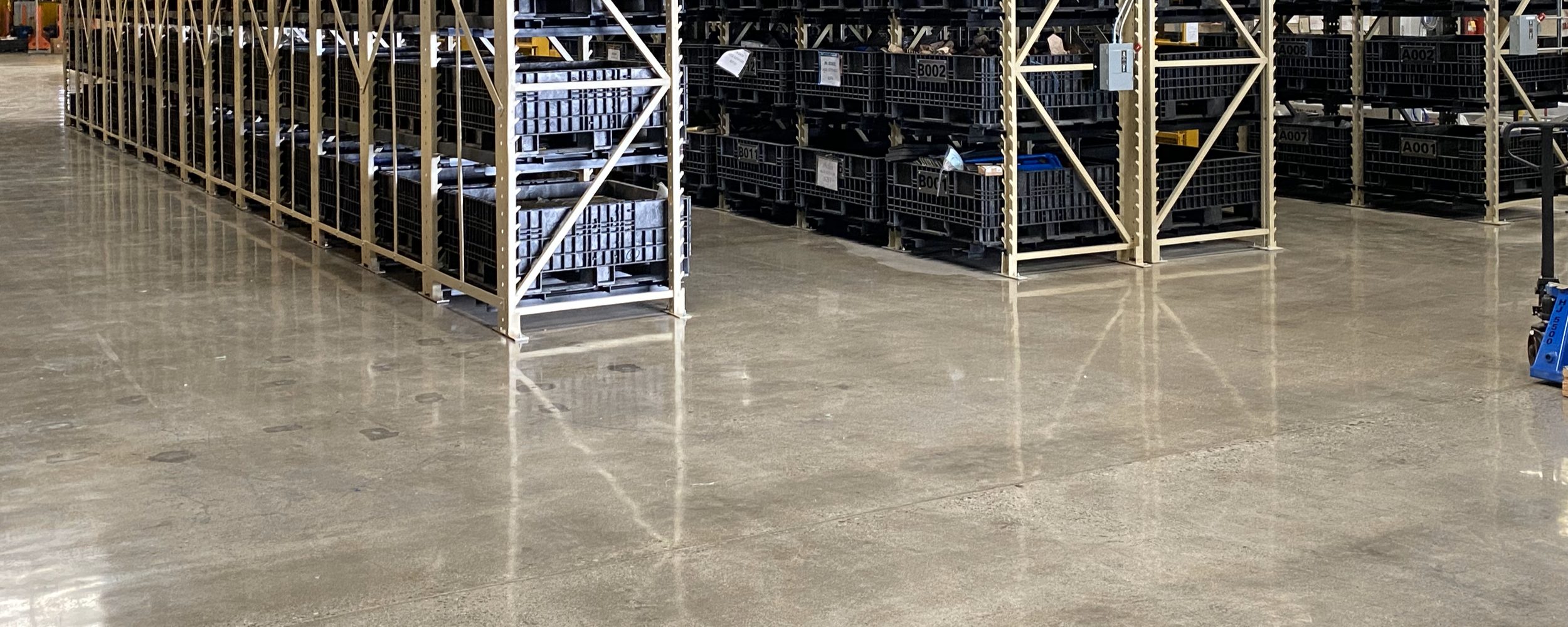 LEED-certified building interior showing polished concrete flooring with high-gloss finish supporting sustainability goals and energy-efficient lighting in modern green commercial building.