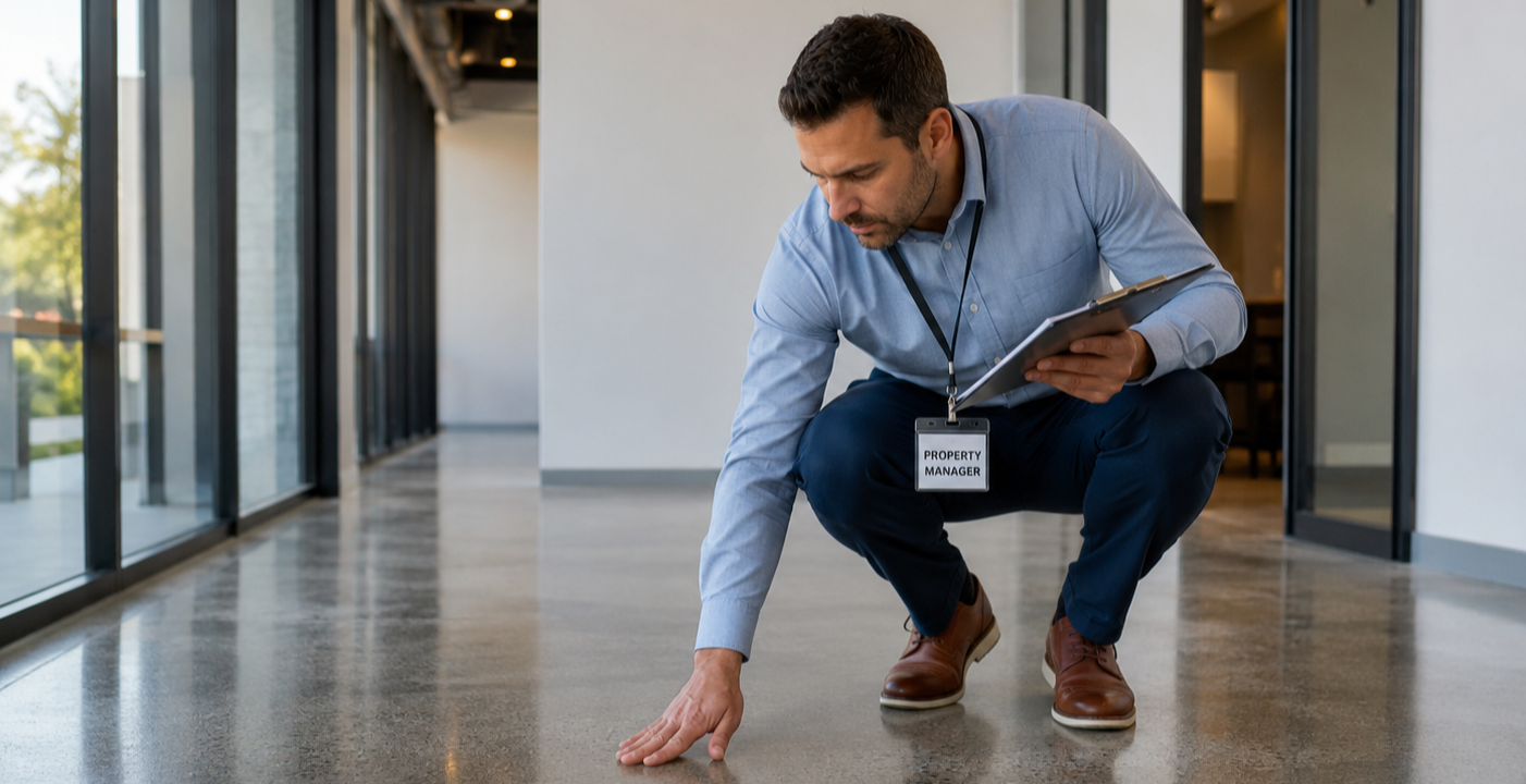 Property manager inspecting polished concrete flooring in an Orange County commercial building