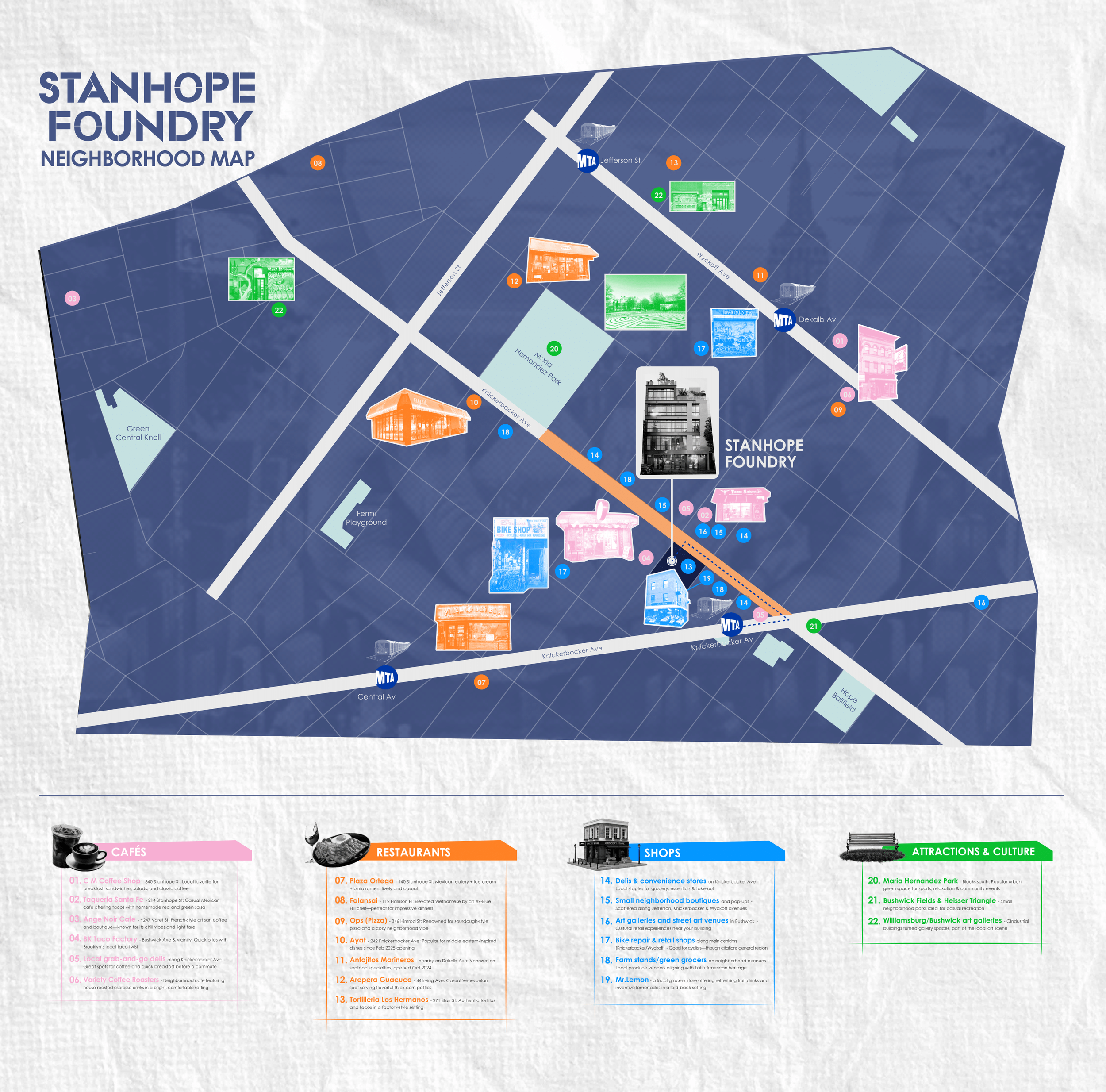 Stanhope Foundry neighborhood map of Bushwick Brooklyn showing cafes, restaurants, and attractions.