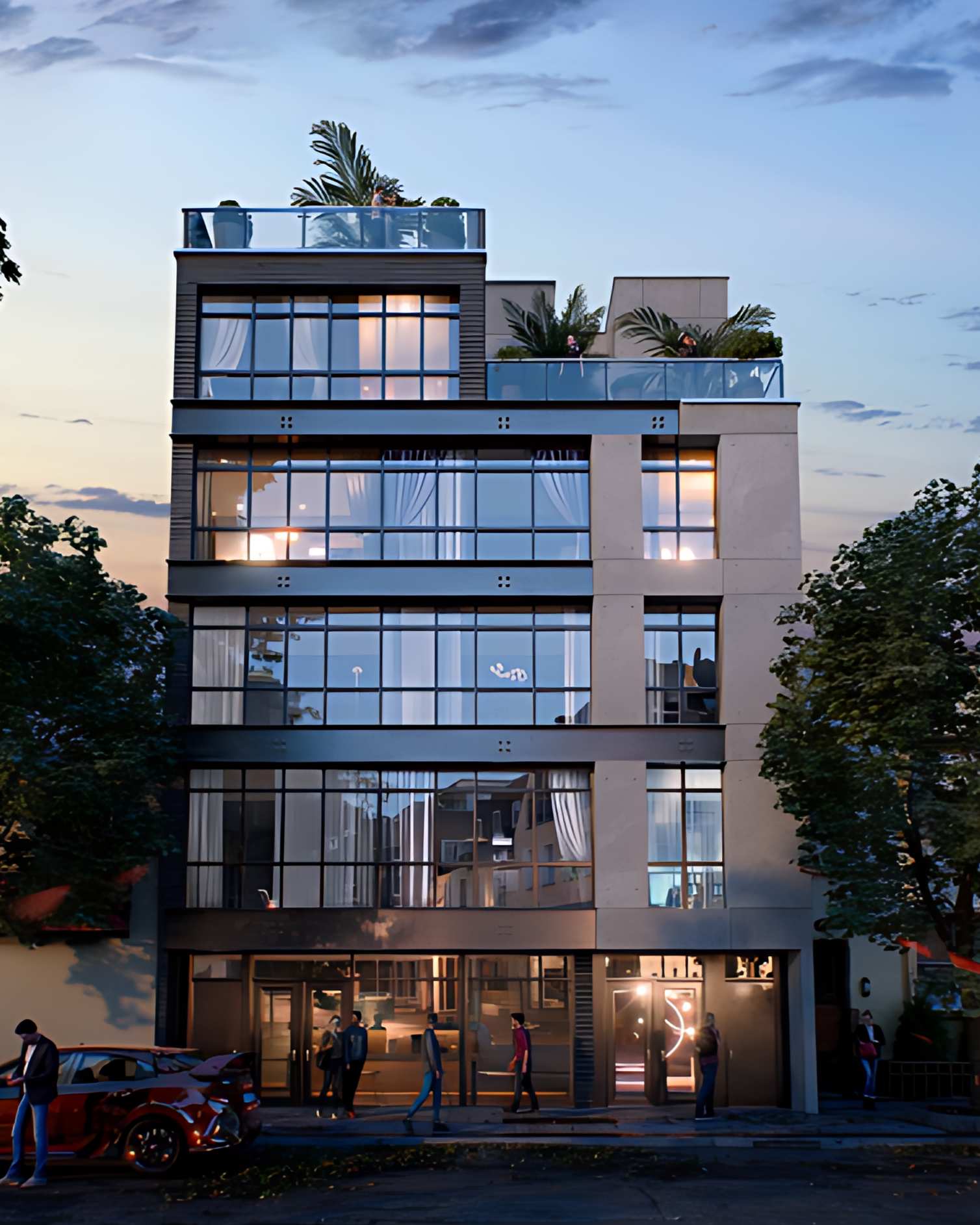 Stanhope Foundry multi-story condo building in Bushwick Brooklyn with glass windows and evening street view.