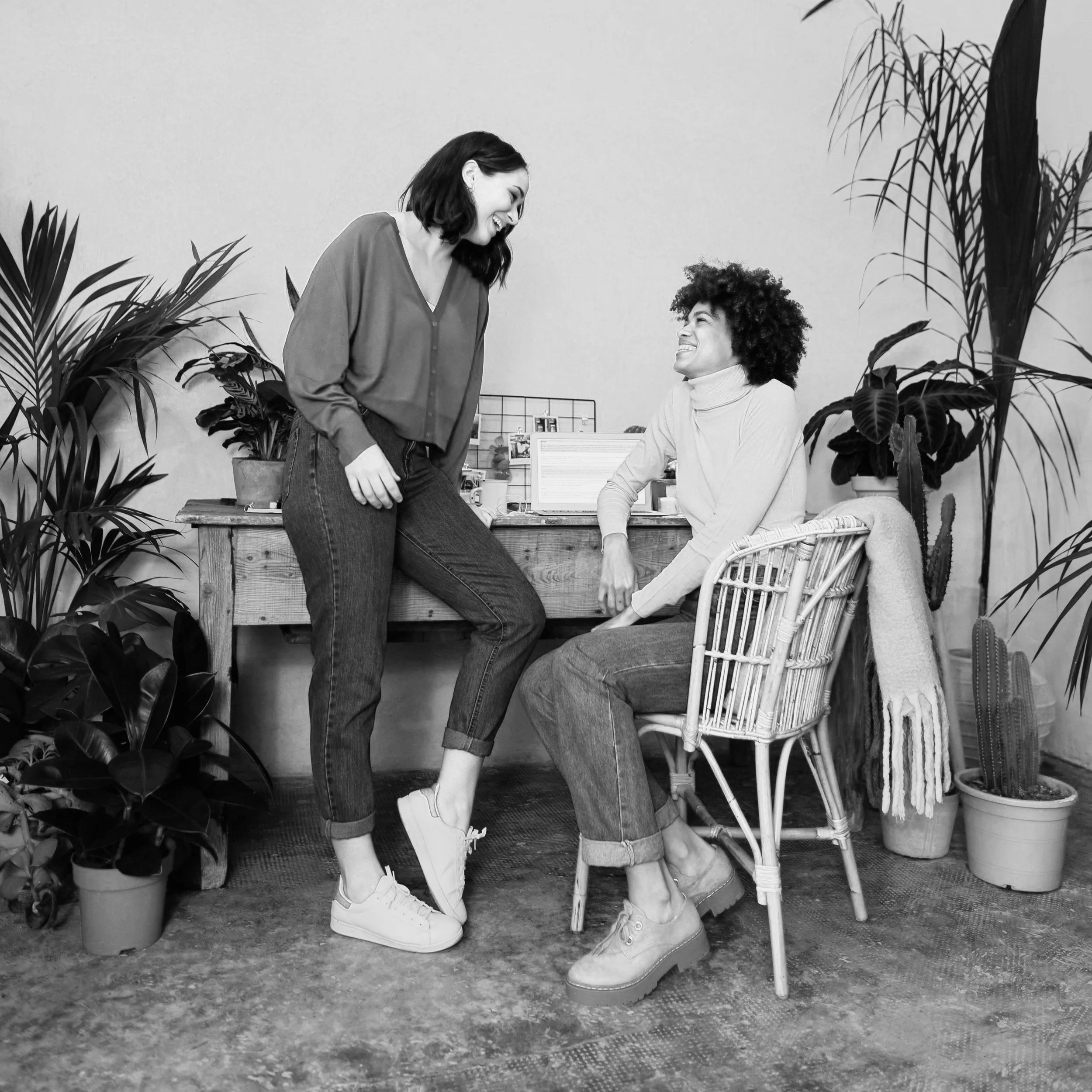 Dos mujeres juntas en una oficina rodeadas de plantas, una sentada en una silla de mimbre y otra de pie junto a un escritorio, ambas riendo y conversando.