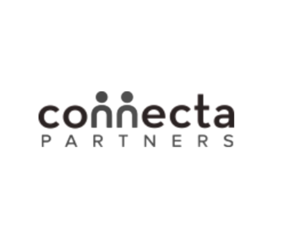 Logotipo de Conecta Partners con letras negras y gris oscuro, y un diseño de dos figuras humanas en lugar del doble punto de la letra 'i'.