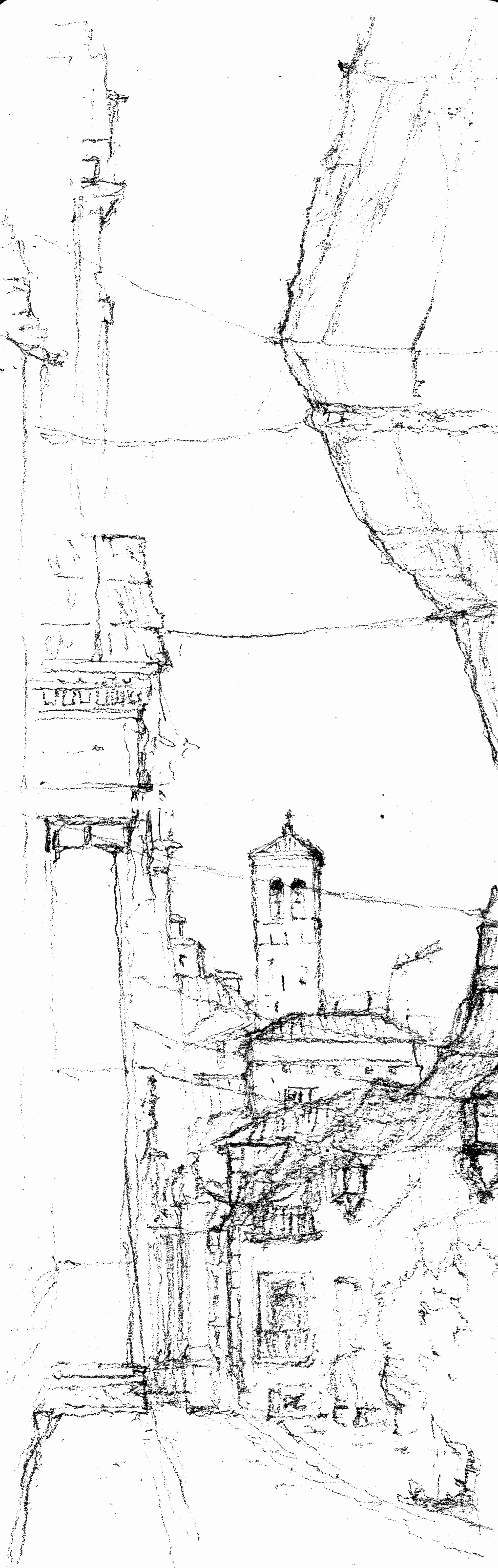 Line drawing of a street scene with buildings, a church tower, and hanging cables in an older European town.