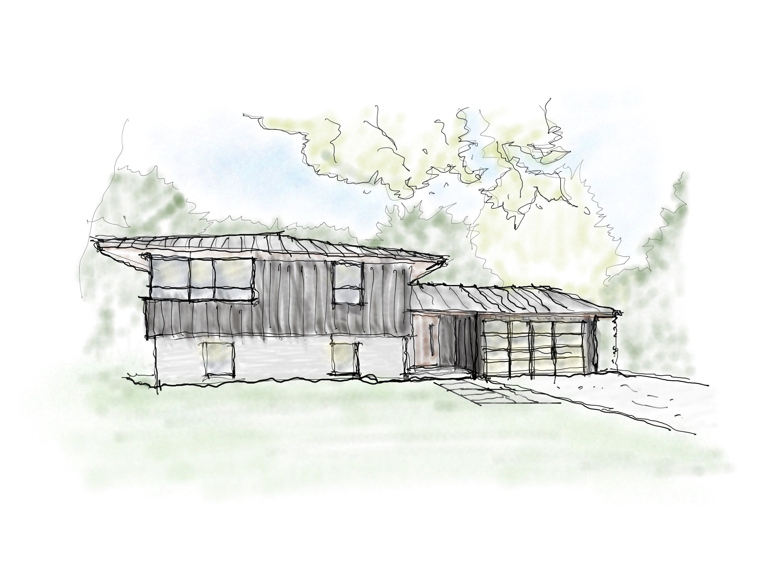 A sketch of a modern house with a two-story section and a garage, surrounded by trees.