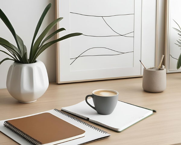 A desk with a potted plant, framed minimalist art, a cup of coffee on a notebook, and other stationery items.