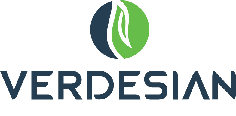 Company logo with a circular emblem featuring a leaf and water, and the word "VerdeSian" beneath in dark blue font.