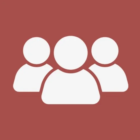 Icon of three white people silhouettes on a brown background.