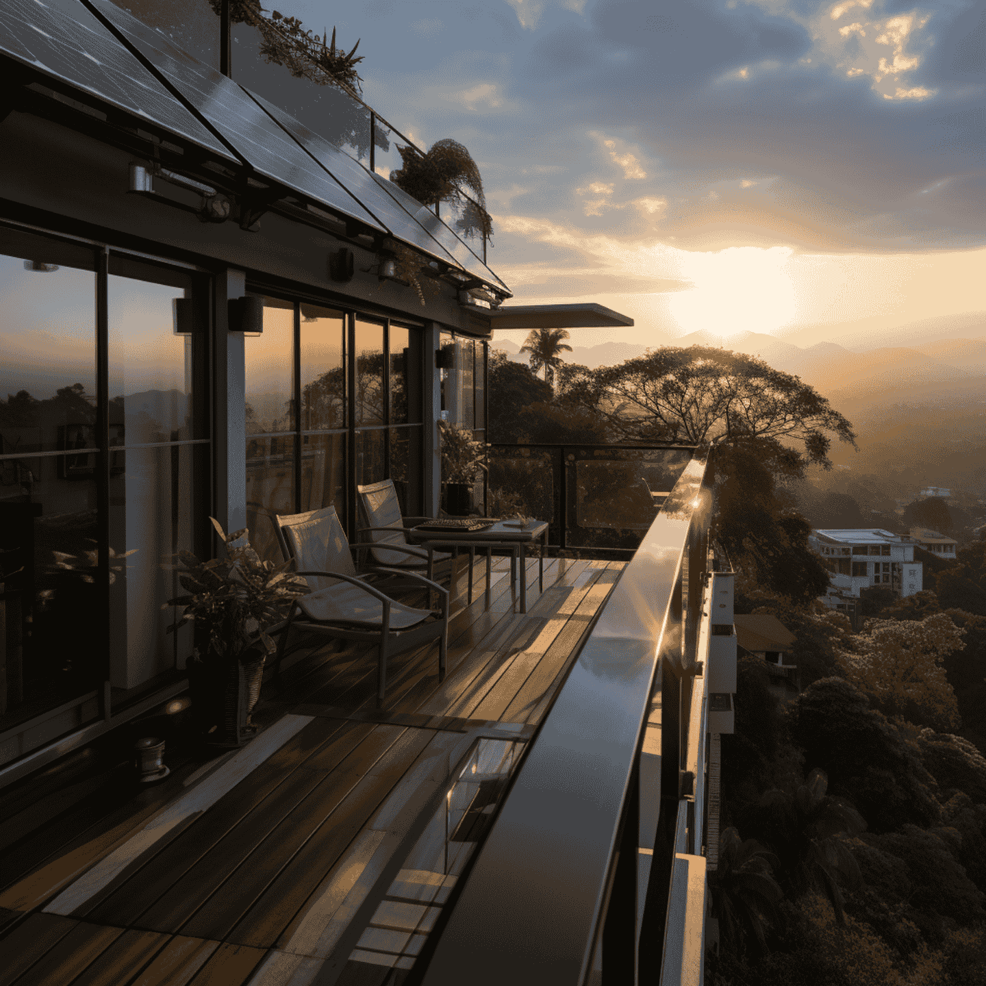 Waiheke house with Solar energy System view of A balcony with outdoor furniture overlooking a scenic view of trees and buildings at sunset.