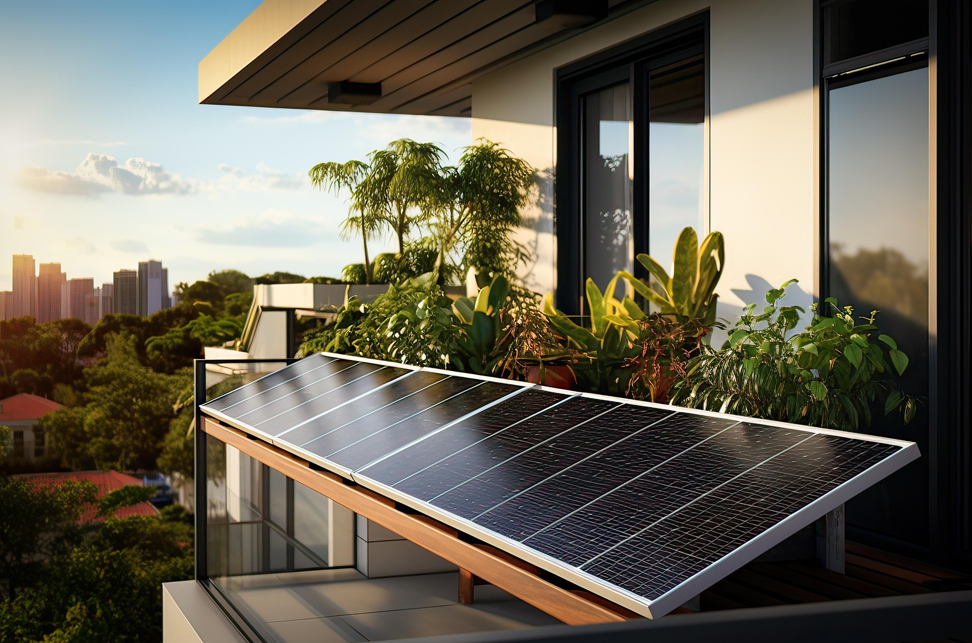 A house with Solar Energy System Modern balcony with solar panels and potted plants at sunset.