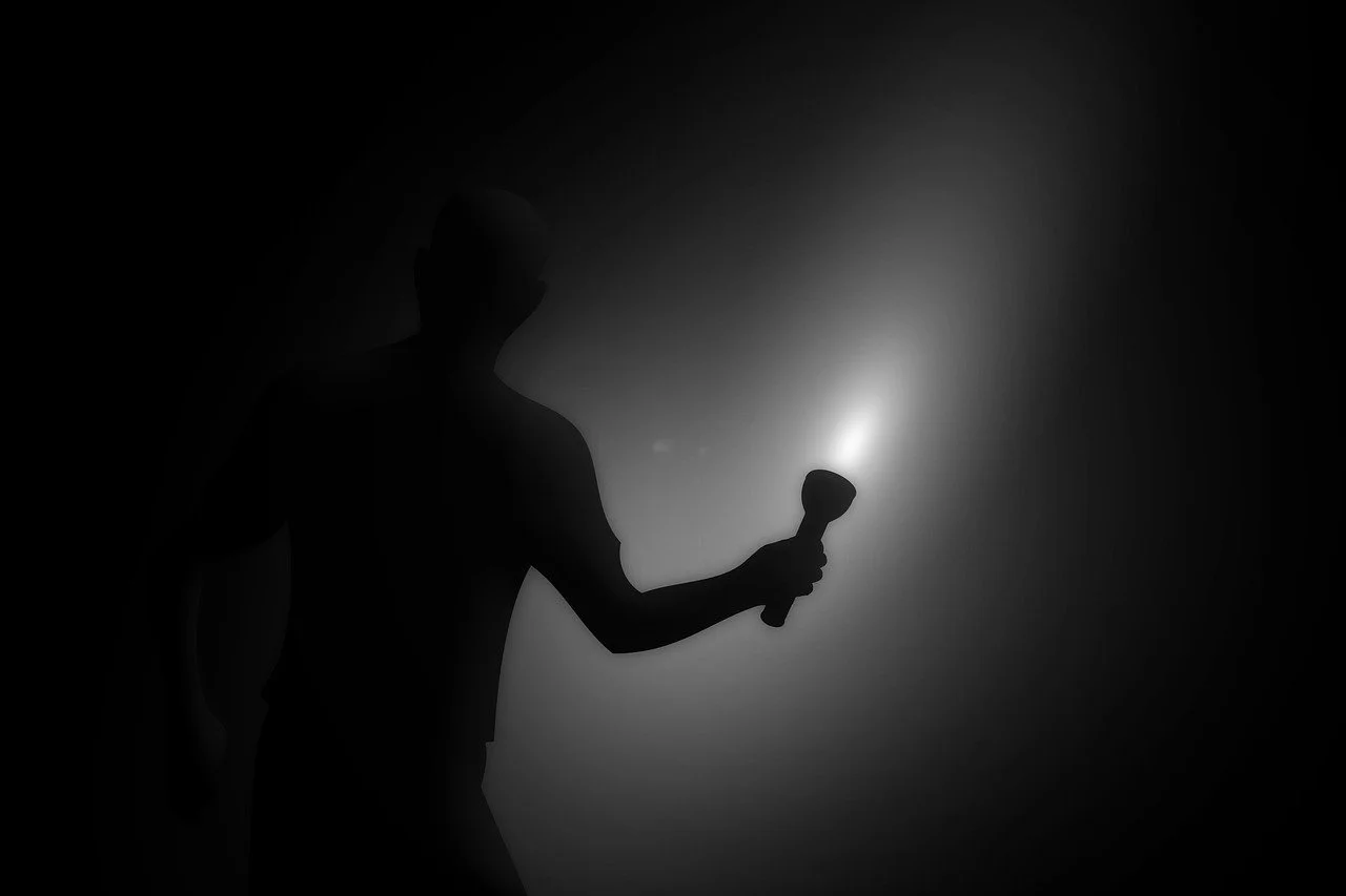 Silhouette of a person holding a flashlight in a dark space with a gradient of light illuminating the background.