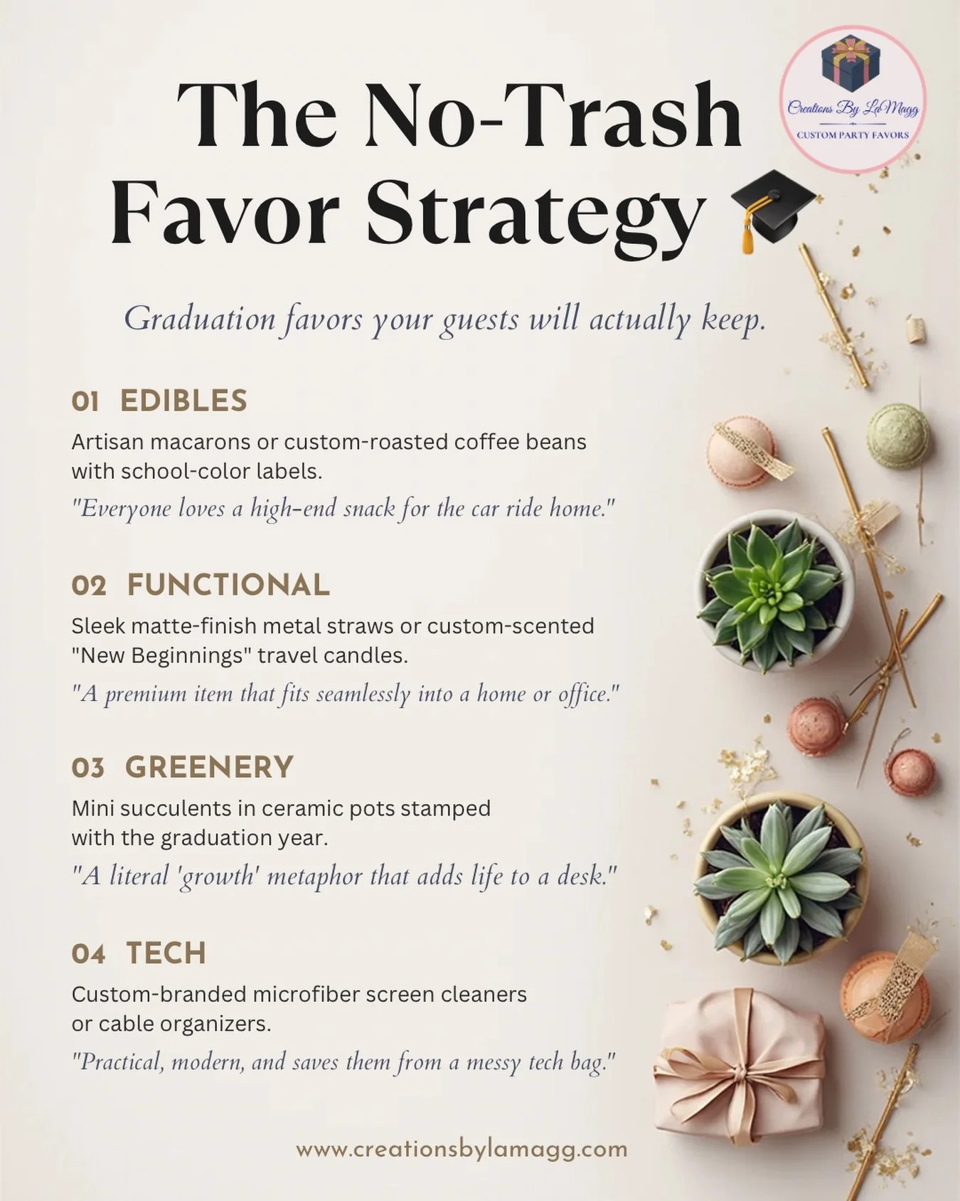 🗑️❌ Stop buying graduation favors that go straight into the trash.

Your graduate worked way too hard for their celebration to end with a pile of discarded plastic trinkets at the end of the night. If you want to show genuine appreciation to your gu