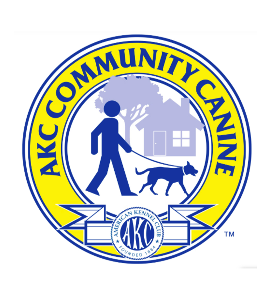 Logo of the AKC American Kennel Club with a person walking a dog in front of a house and a tree.