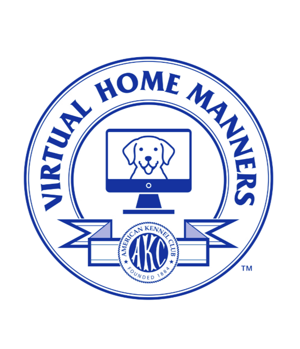 Logo for Virtual Home Manners from the American Kennel Club, featuring a computer monitor with a dog's face on the screen.