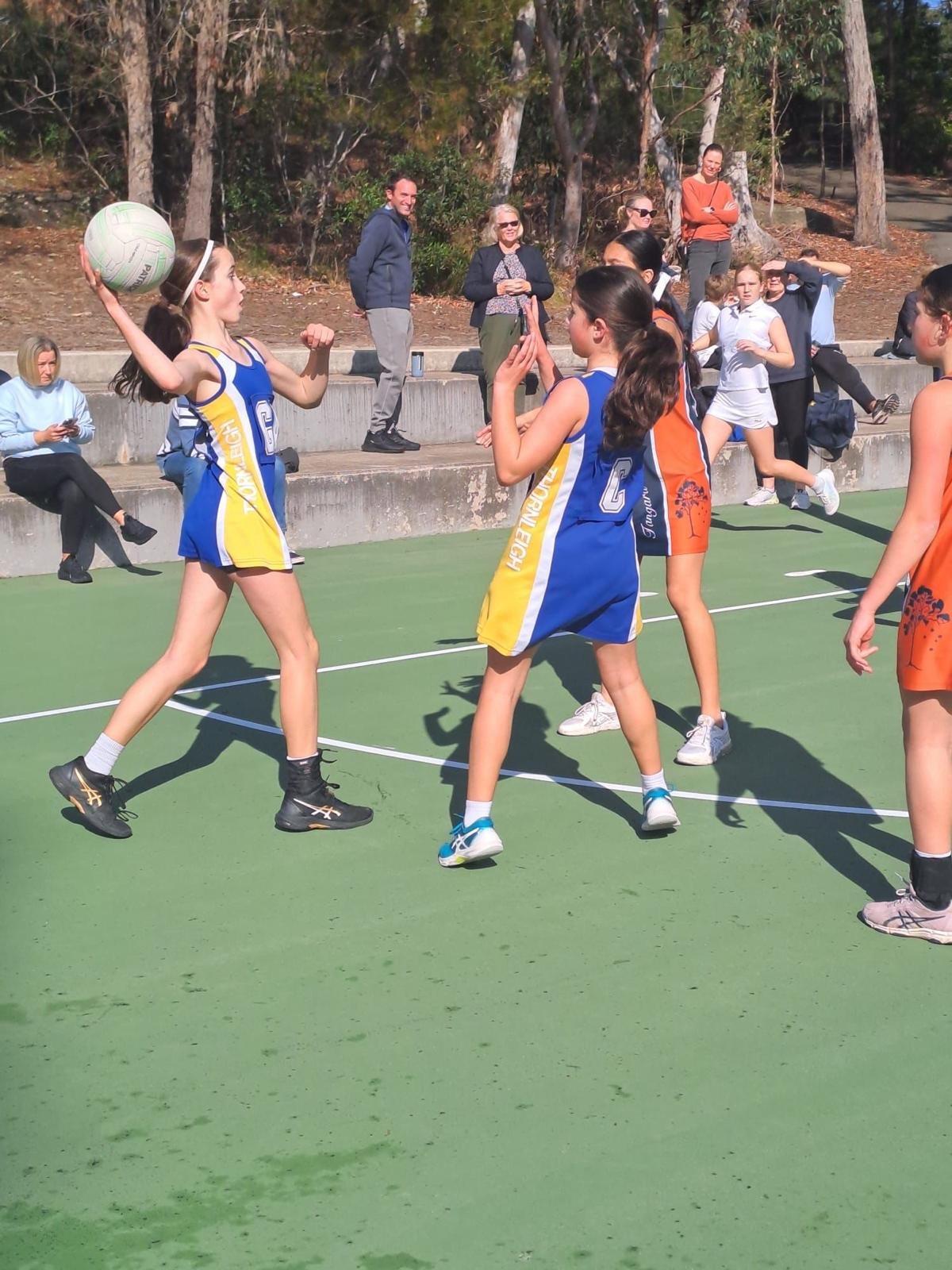 Young girls playing netball on a green court with spectators and trees in the background.