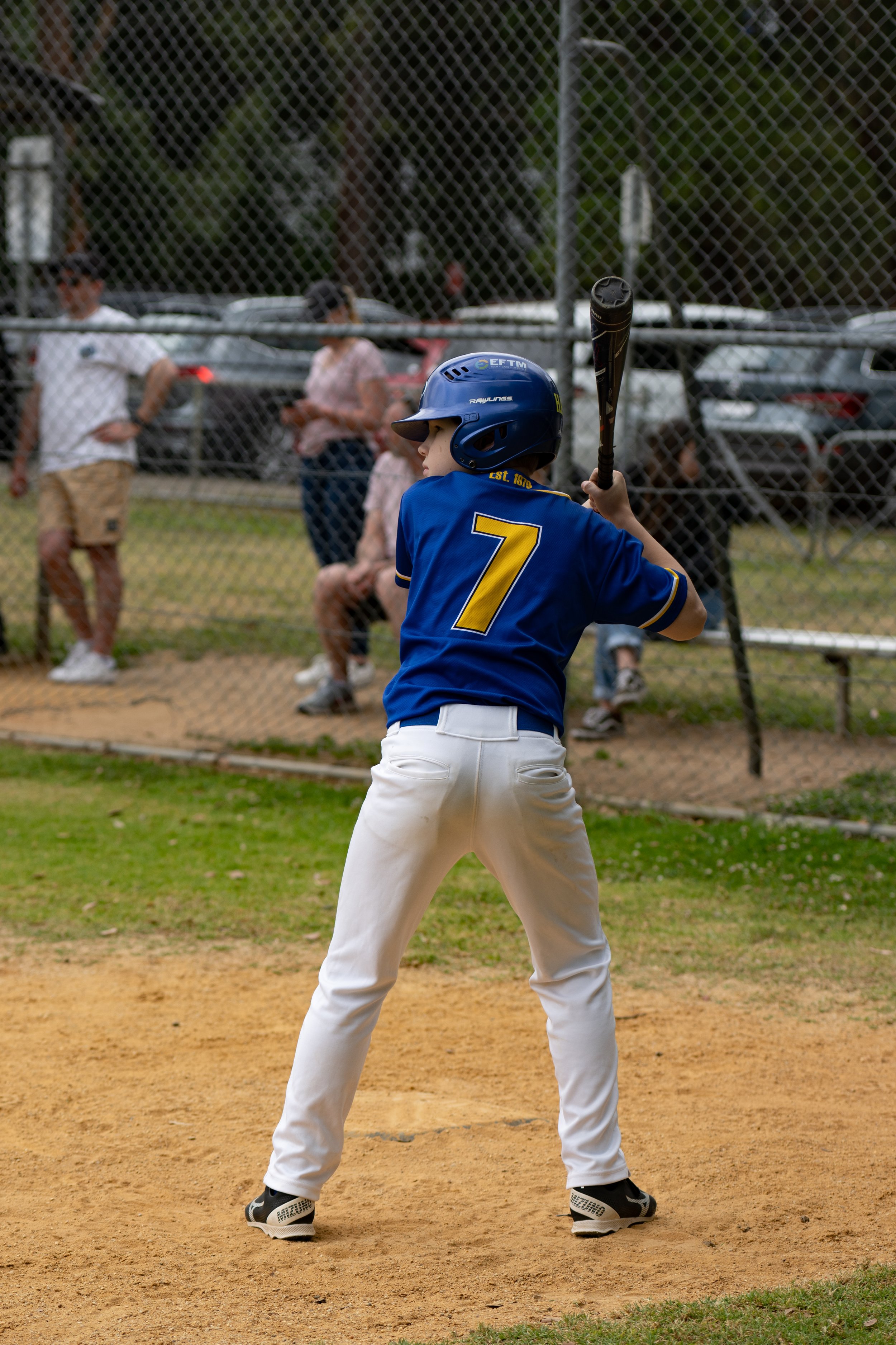 Young baseball player in blue jersey with yellow number 7, wearing a helmet, stands ready to bat on the field, with spectators watching behind a chain-link fence.