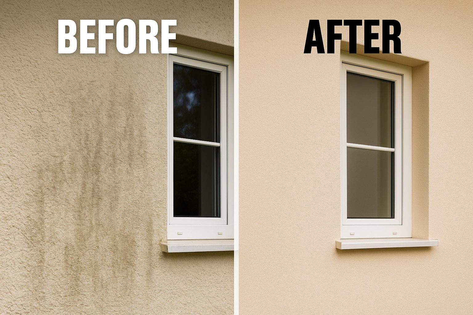 Side-by-side comparison of a window on a wall, with the left side labeled 'BEFORE' showing a wall with dirt stains and the right side labeled 'AFTER' showing a clean wall, indicating cleaning or renovation.